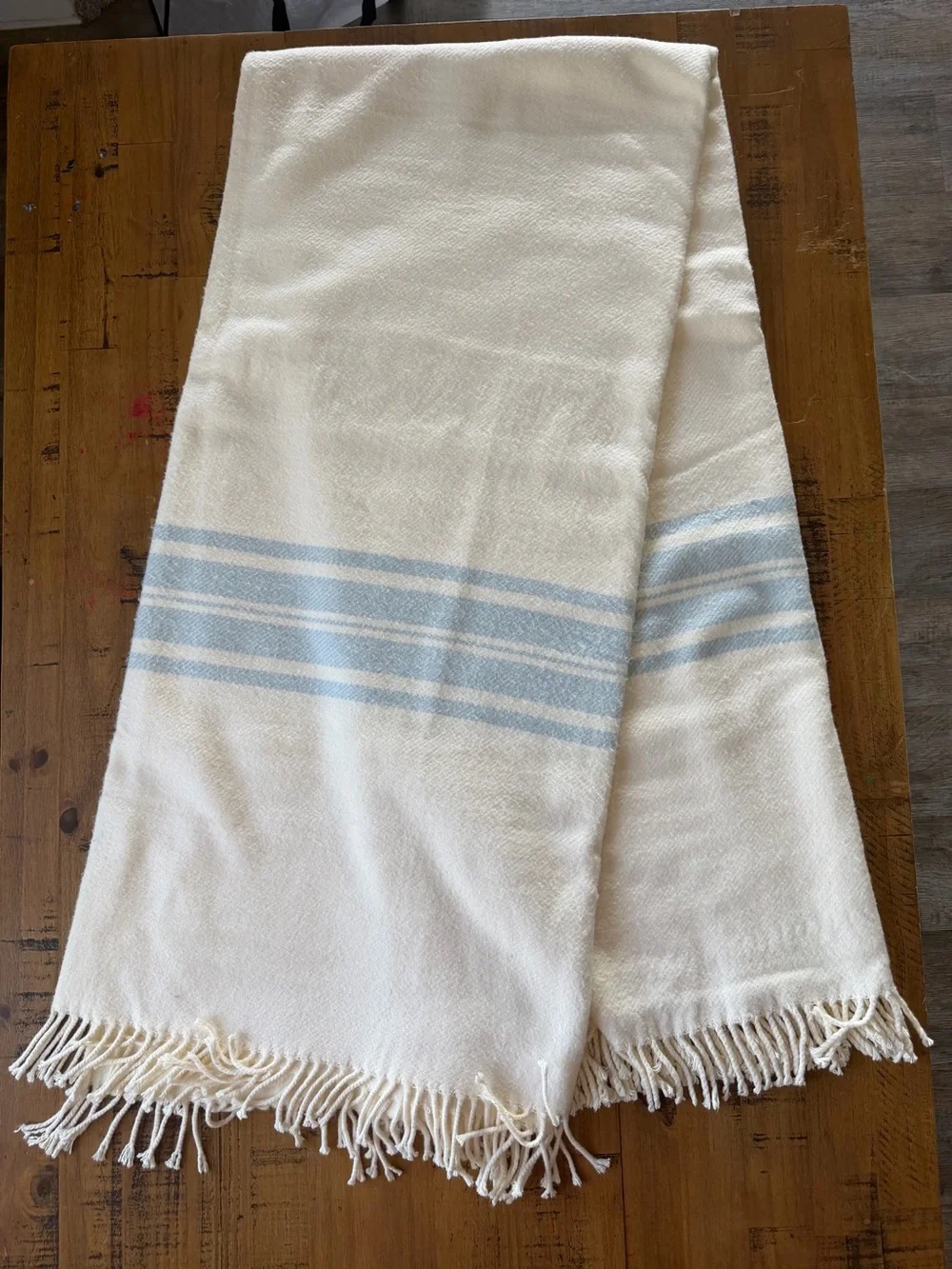 Pottery Barn Cream Throw with Light Blue Stripe Accents
